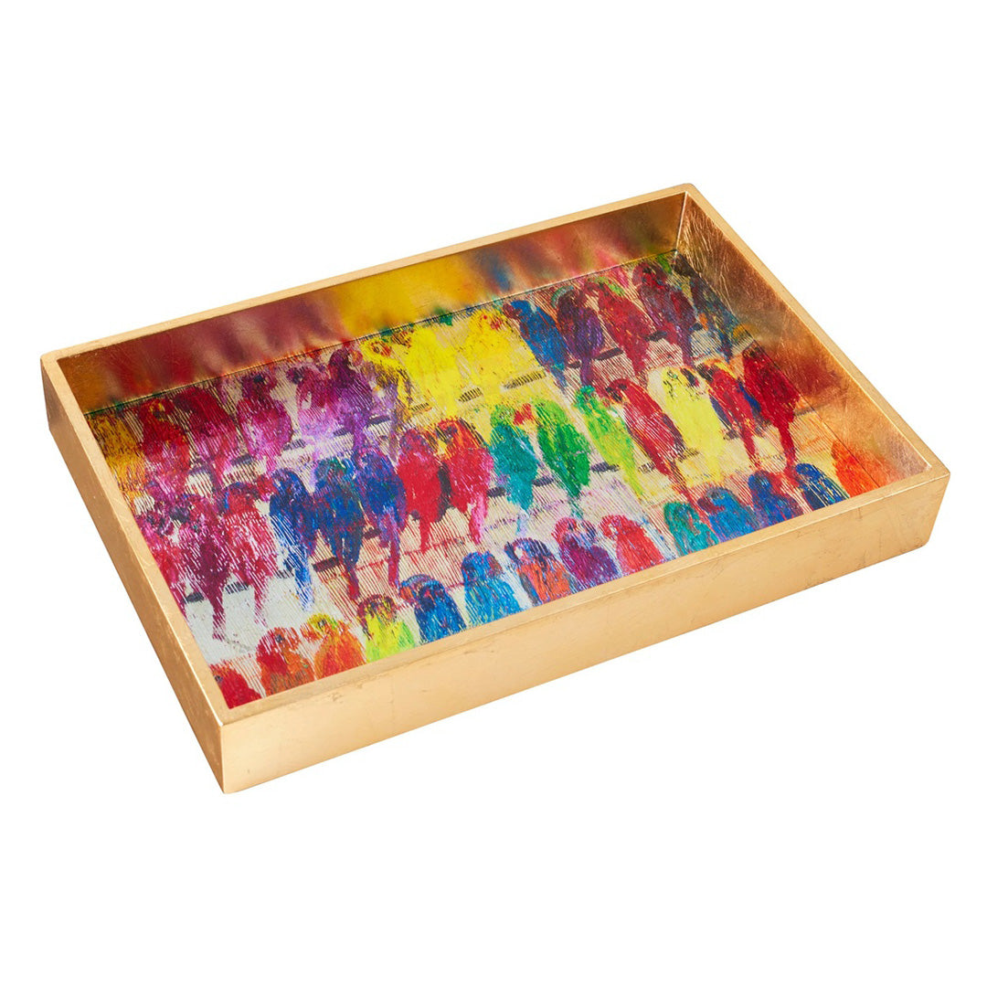Hunt Slonem Lories Gold Leaf Lacquer Tray
