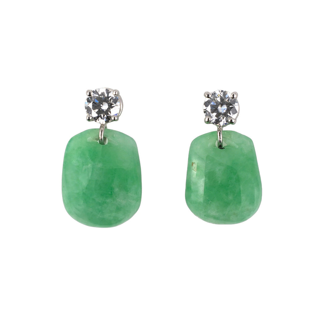 Estate Green Jadeite & Diamond Briolette Dangle Drop Earrings